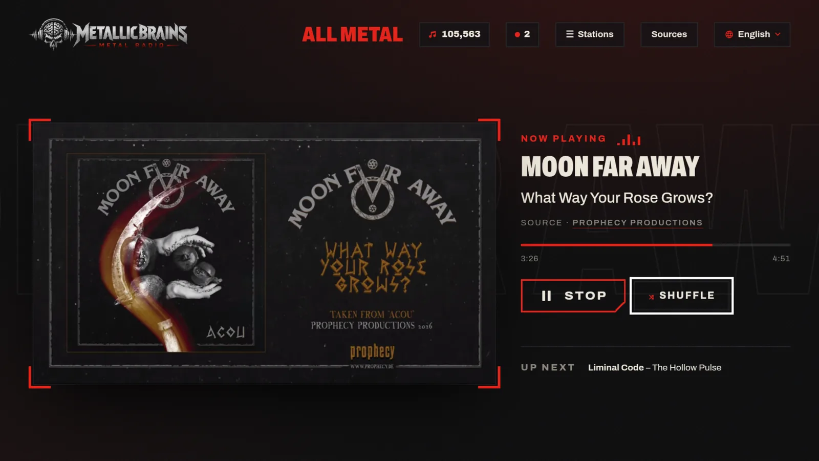 The MetallicBrains app on a TV: the player, the current track and the station buttons